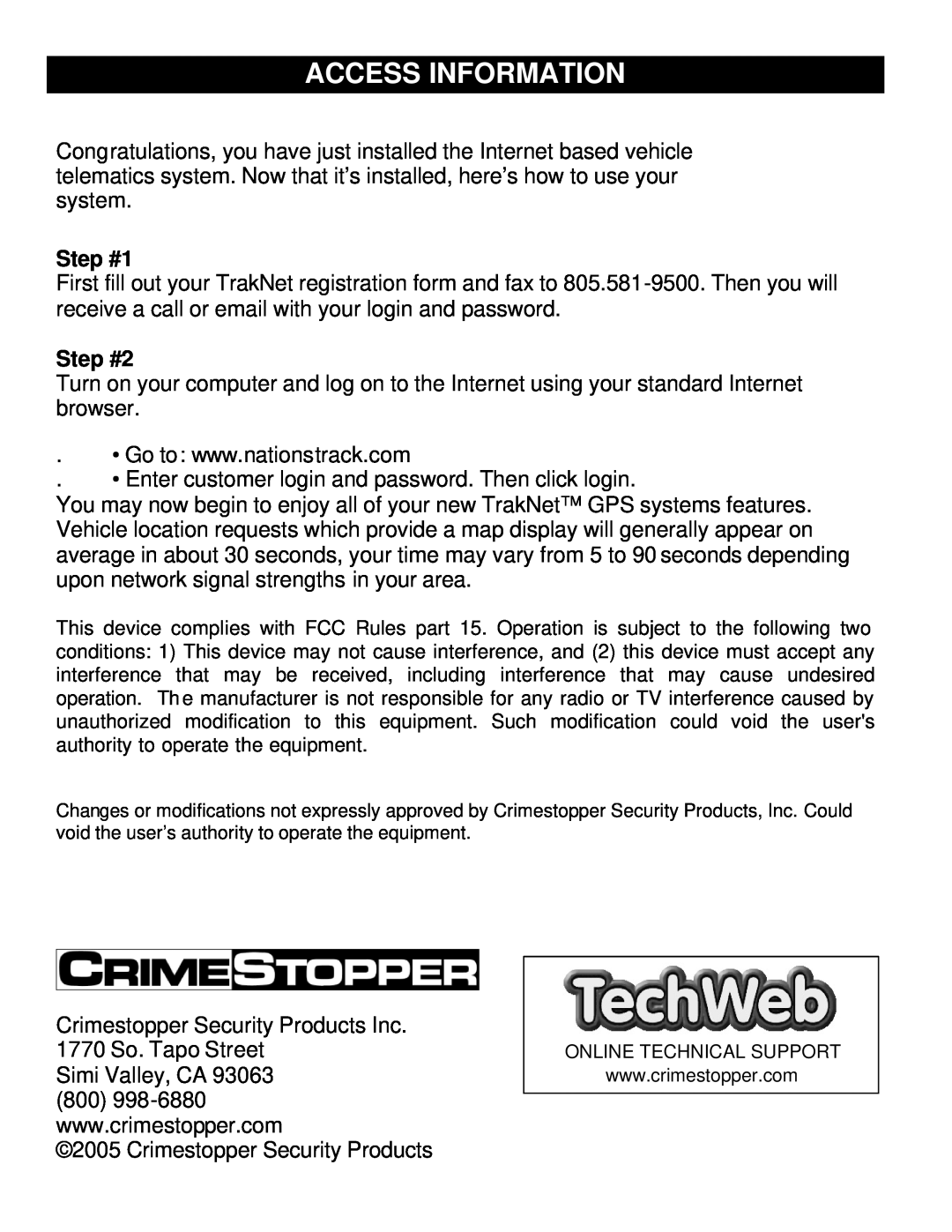 Crimestopper Security Products TN-4004, TN-4003 installation instructions Access Information, Step #1, Step #2 