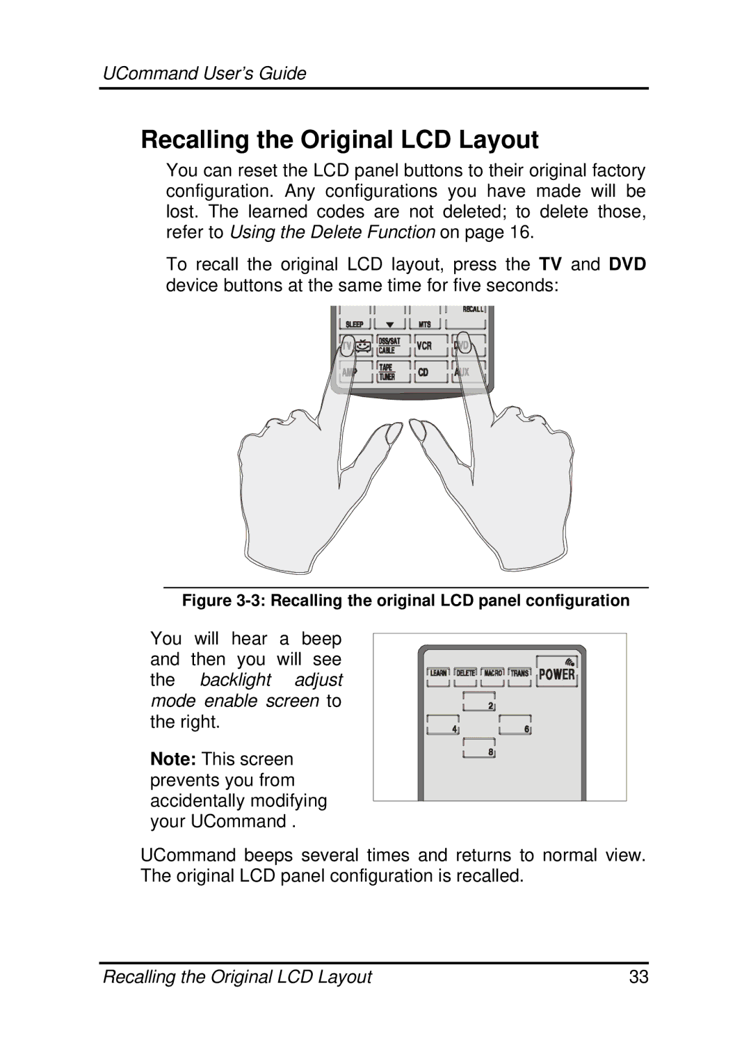 Crisp Solutions UC-515 manual Recalling the Original LCD Layout, Recalling the original LCD panel configuration 