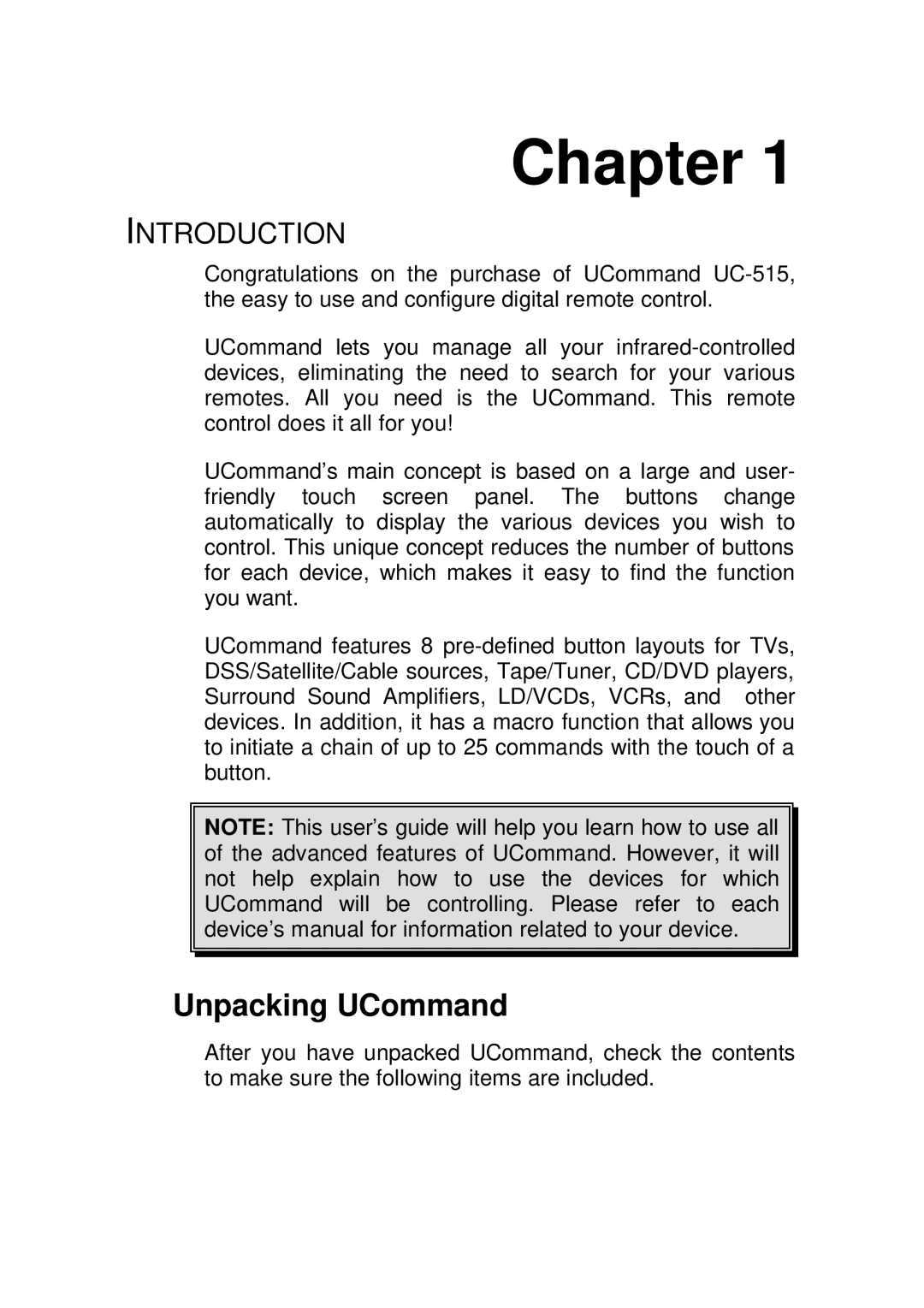 Crisp Solutions UC-515 manual Chapter, Unpacking UCommand 