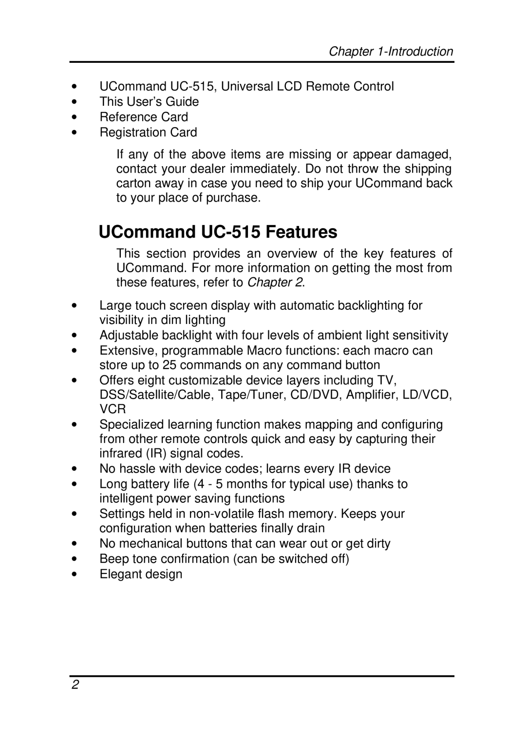 Crisp Solutions manual UCommand UC-515 Features, Introduction 