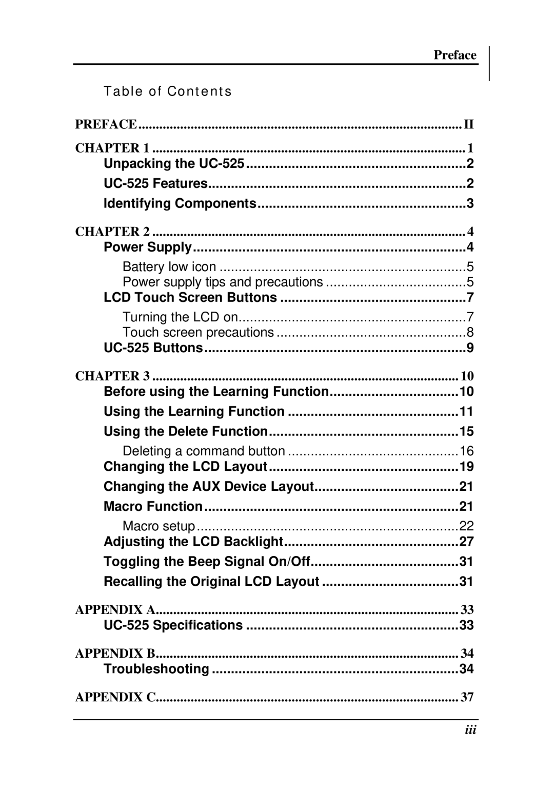 Crisp Solutions UCommand-525 manual Table of Contents 