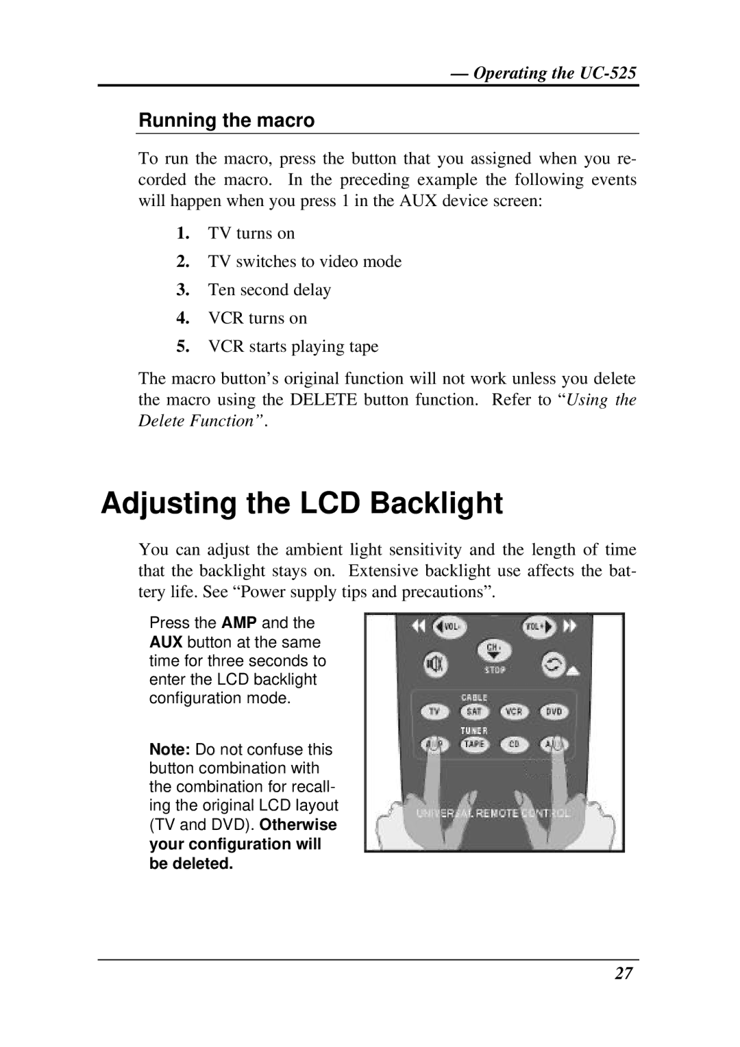 Crisp Solutions UCommand-525 manual Adjusting the LCD Backlight, Running the macro 