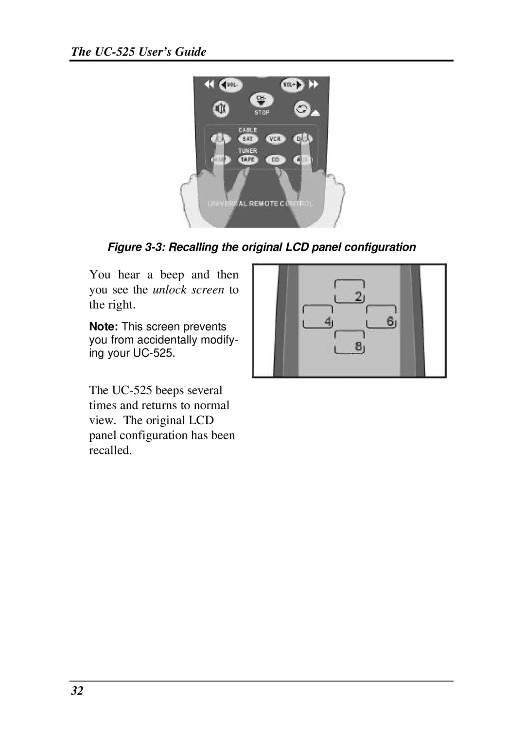 Crisp Solutions UCommand-525 manual Recalling the original LCD panel configuration 