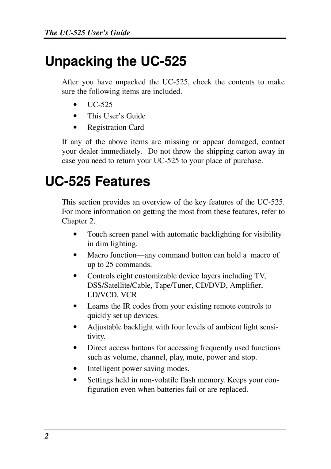 Crisp Solutions UCommand-525 manual Unpacking the UC-525, UC-525 Features 