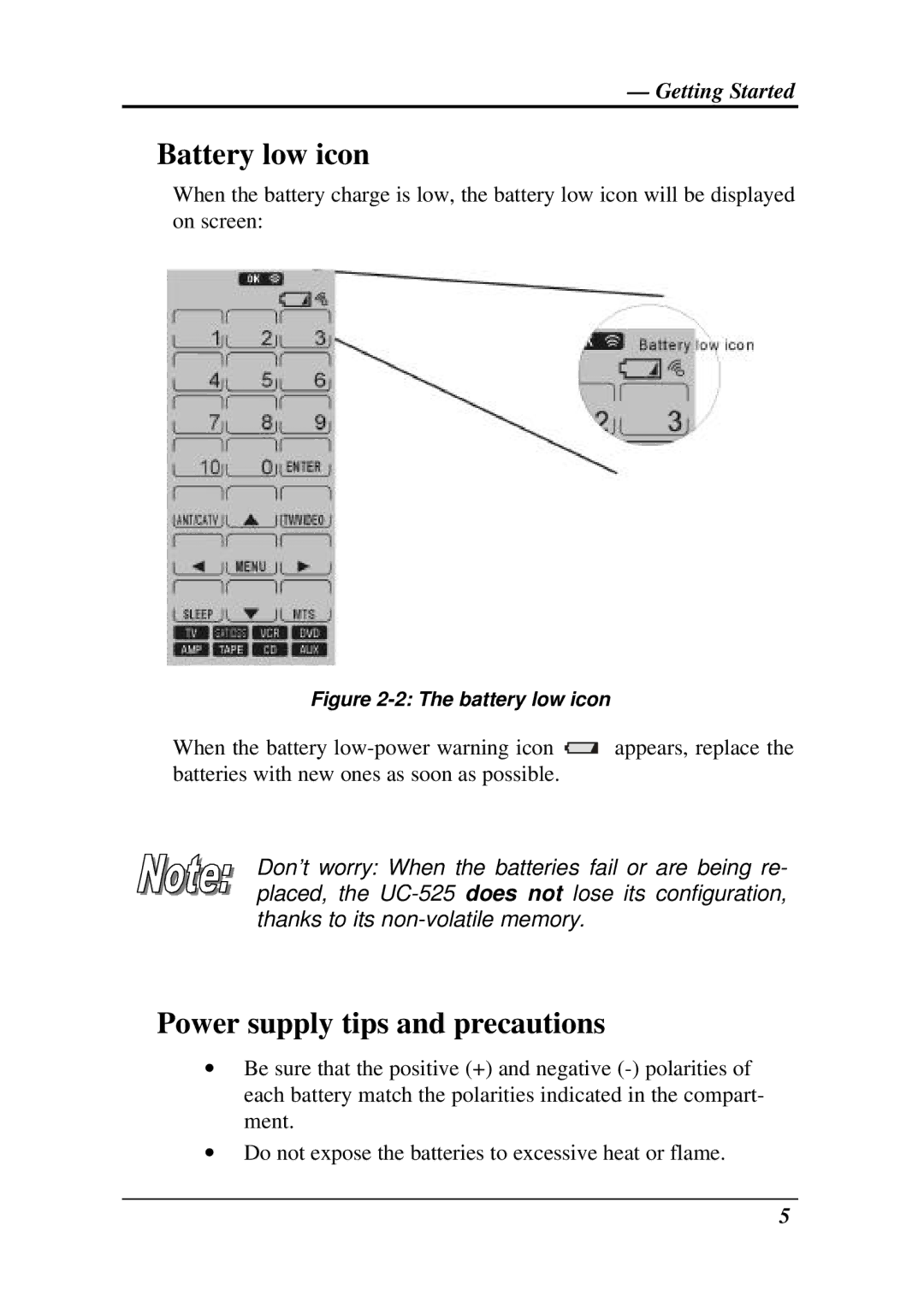 Crisp Solutions UCommand-525 manual Battery low icon 