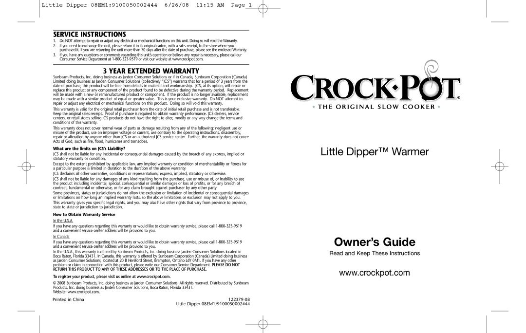 Crock-Pot 08EM1/9100050002444 warranty Service Instructions, Year Extended Warranty 