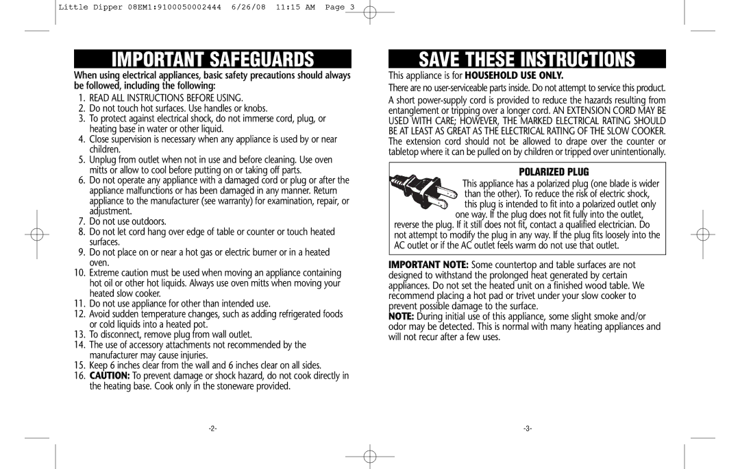 Crock-Pot 08EM1/9100050002444 warranty Important Safeguards, Polarized Plug 