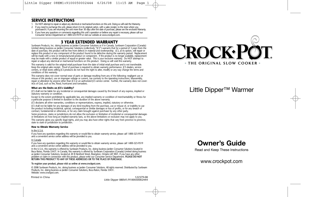 Crock-Pot 08EM1/9100050002444 warranty Service Instructions, Year Extended Warranty, Owner’s Guide, Little Dipper Warmer 