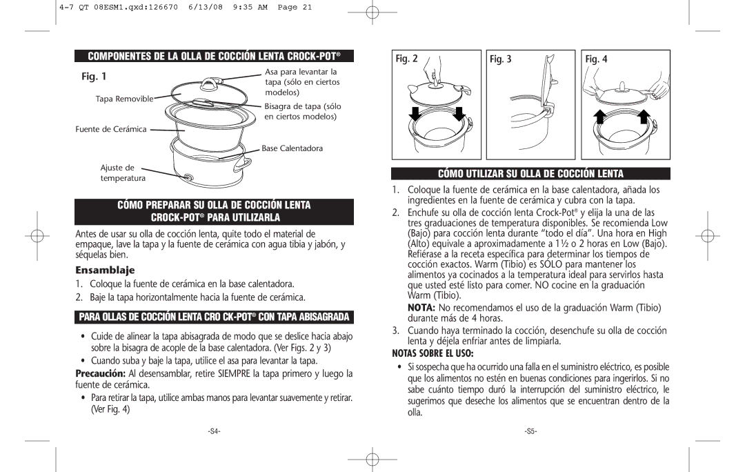 Crock-Pot 126670-08 warranty Componentes DE LA Olla DE Cocción Lenta CROCK-POT, Notas Sobre EL USO 