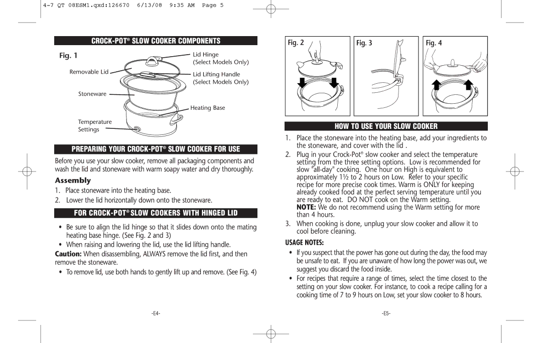 Crock-Pot 126670-08 warranty CROCK-POT Slow Cooker Components, Preparing Your CROCK-POTSLOW Cooker for USE, Usage Notes 