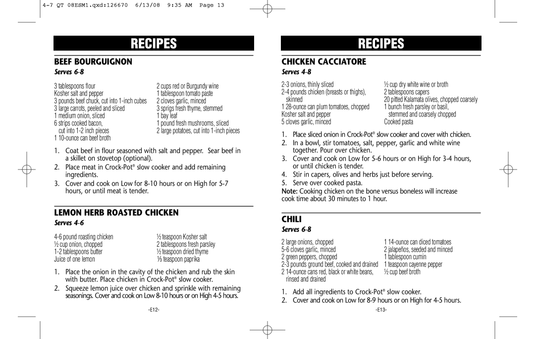 Crock-Pot 126670-08 warranty Beef Bourguignon, Lemon Herb Roasted Chicken, Chili 