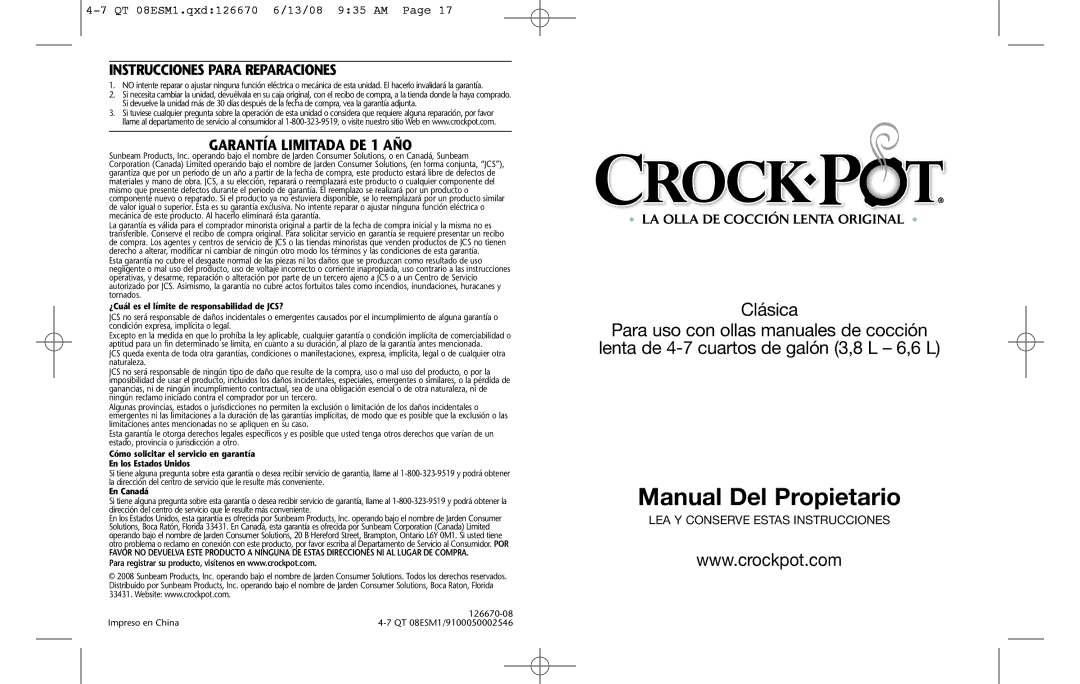 Crock-Pot 126670-08 warranty Instrucciones Para Reparaciones, Garantía Limitada DE 1 AÑO 