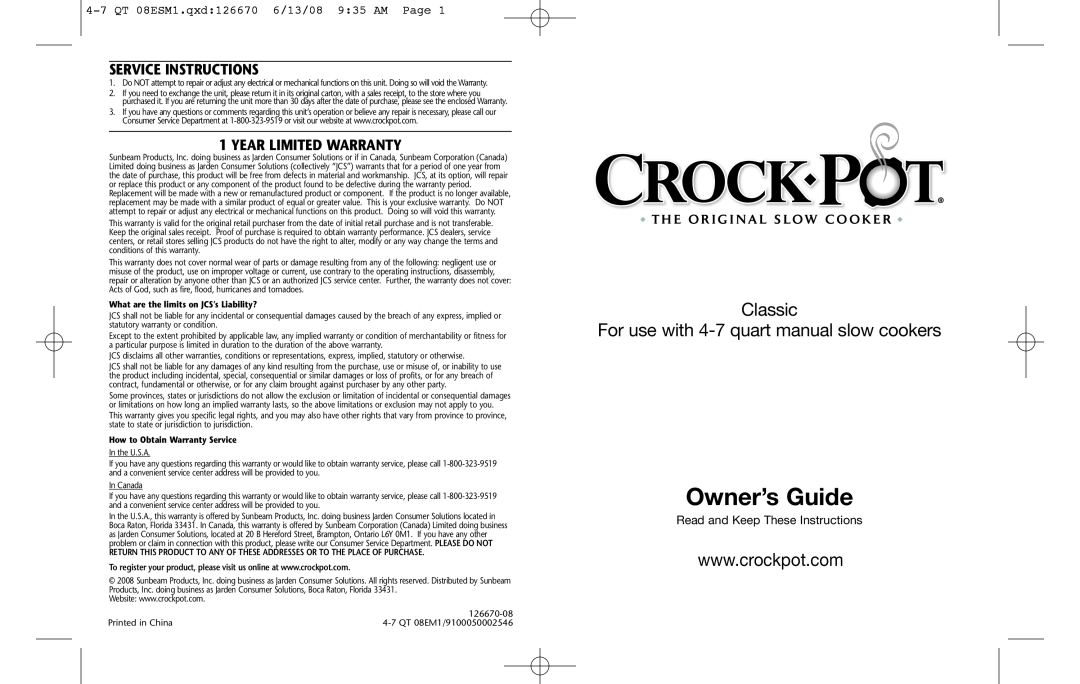 Crock-Pot 126670-08 warranty Owner’s Guide, Classic For use with 4-7 quart manual slow cookers, Service Instructions 