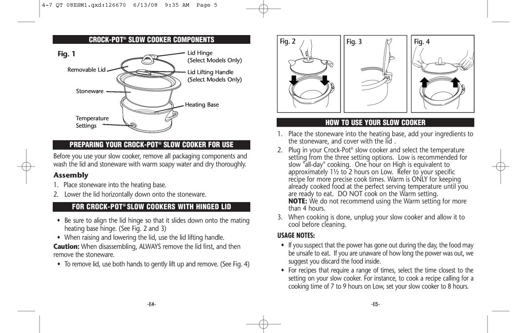 Crock-Pot 126670-08 Crock-Pot Slow Cooker Components, Preparing Your Crock-Pot Slow Cooker For Use, Assembly, Usage Notes 