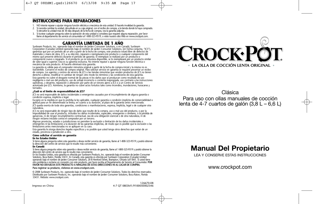 Crock-Pot 126670-08 warranty Manual Del Propietario, Clásica, Instrucciones Para Reparaciones, GARANTÍA LIMITADA DE 1 AÑO 