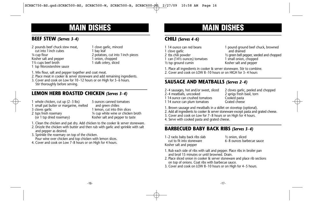 Crock-Pot 133481 warranty Main Dishes, Lemon Herb Roasted Chicken Serves 3, Sausage and Meatballs Serves 2 