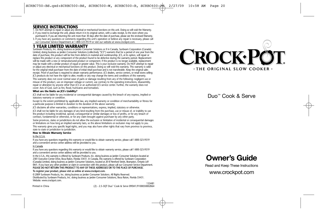 Crock-Pot 133481 warranty Service Instructions, Year Limited Warranty, Owner’s Guide, Duo Cook & Serve 