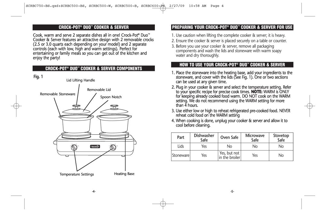 Crock-Pot 133481 warranty Crock-Pot Duo Cooker & Server Components, How To Use Your Crock-Pot Duo Cooker & Server, Part 