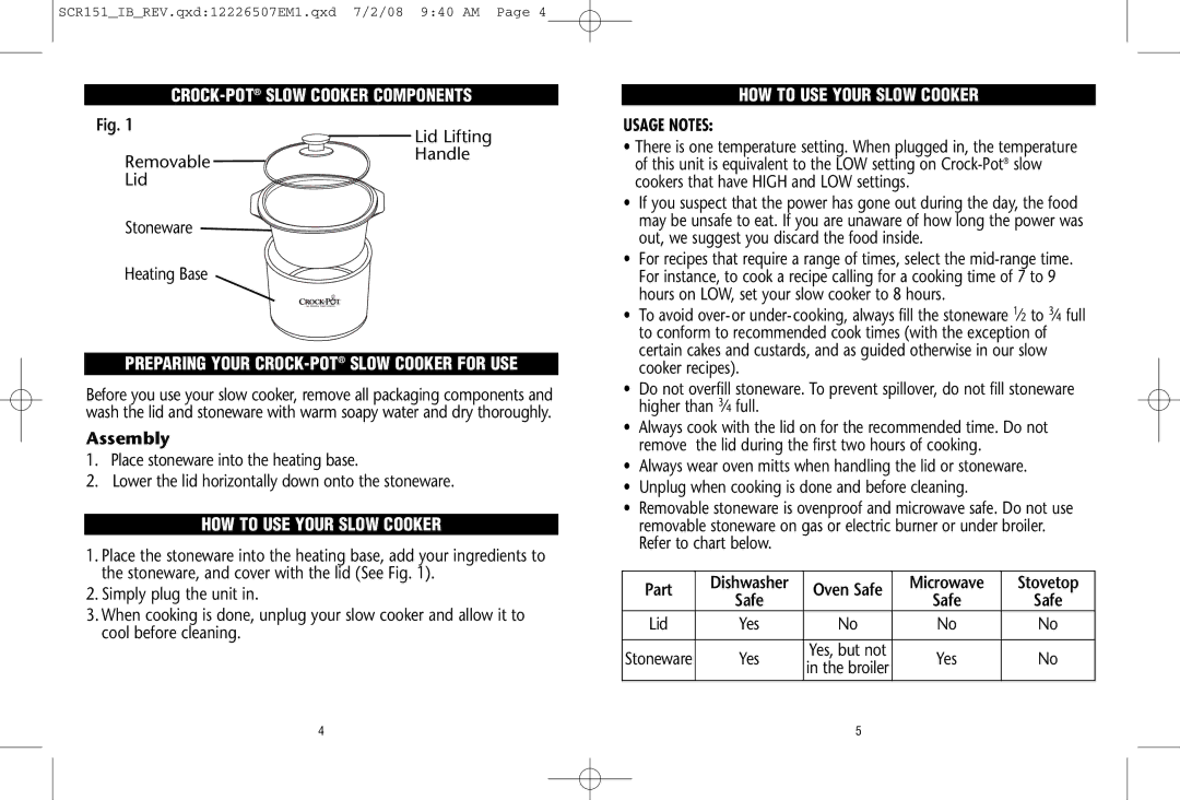 Crock-Pot 1.5 Quart warranty CROCK-POTSLOW Cooker Components, Preparing Your CROCK-POTSLOW Cooker for USE, Usage Notes 