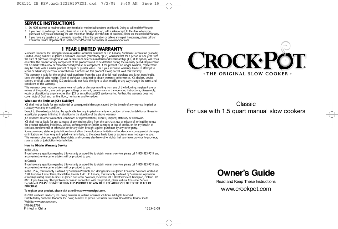 Crock-Pot 1.5 Quart warranty Service Instructions, Year Limited Warranty, Owner’s Guide, Read and Keep These Instructions 