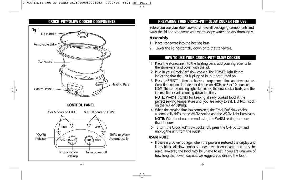 Crock-Pot 4-7QT CROCK-POTSLOW Cooker Components, Control Panel, Preparing Your CROCK-POTSLOW Cooker for USE, Usage Notes 