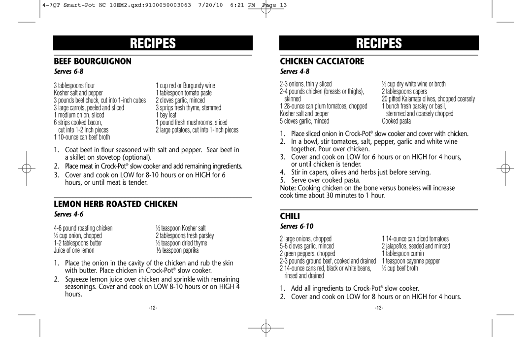 Crock-Pot 4-7QT warranty Beef Bourguignon, Lemon Herb Roasted Chicken, Chili 