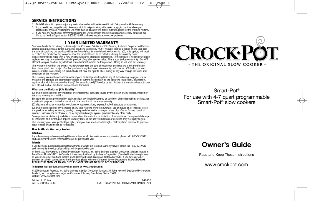 Crock-Pot 4-7QT warranty Service Instructions, Year Limited Warranty, Owner’s Guide, In Canada 