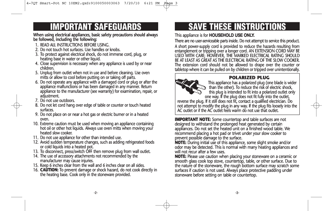 Crock-Pot 4-7QT warranty Polarized Plug, Important Safeguards, Save These Instructions 