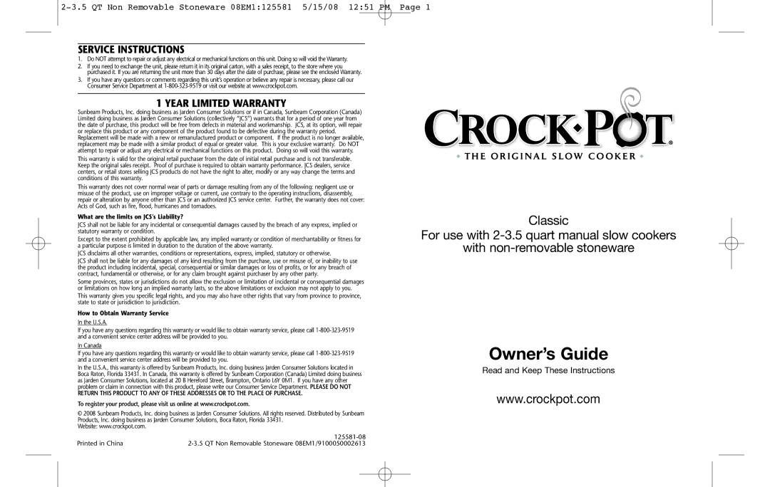 Crock-Pot Classic 2-3.5 Quart warranty Service Instructions, Year Limited Warranty 