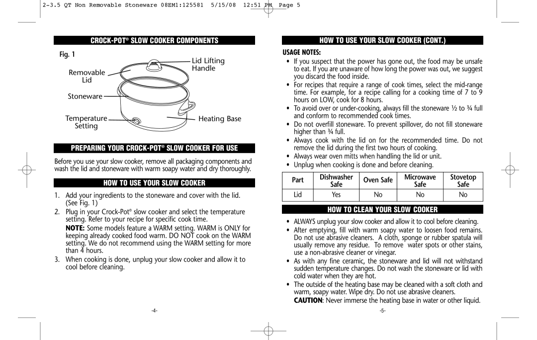 Crock-Pot Classic 2-3.5 Quart warranty CROCK-POTSLOW Cooker Components, HOW to USE Your Slow Cooker, Usage Notes 