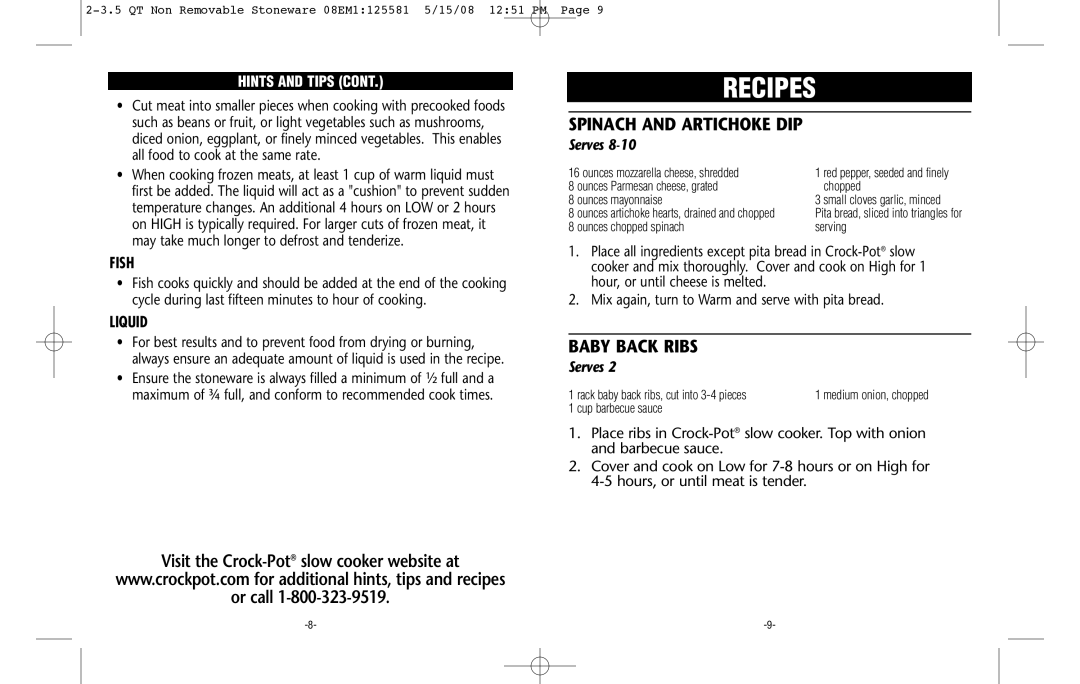 Crock-Pot Classic 2-3.5 Quart warranty Spinach and Artichoke DIP, Baby Back Ribs, Fish, Liquid 