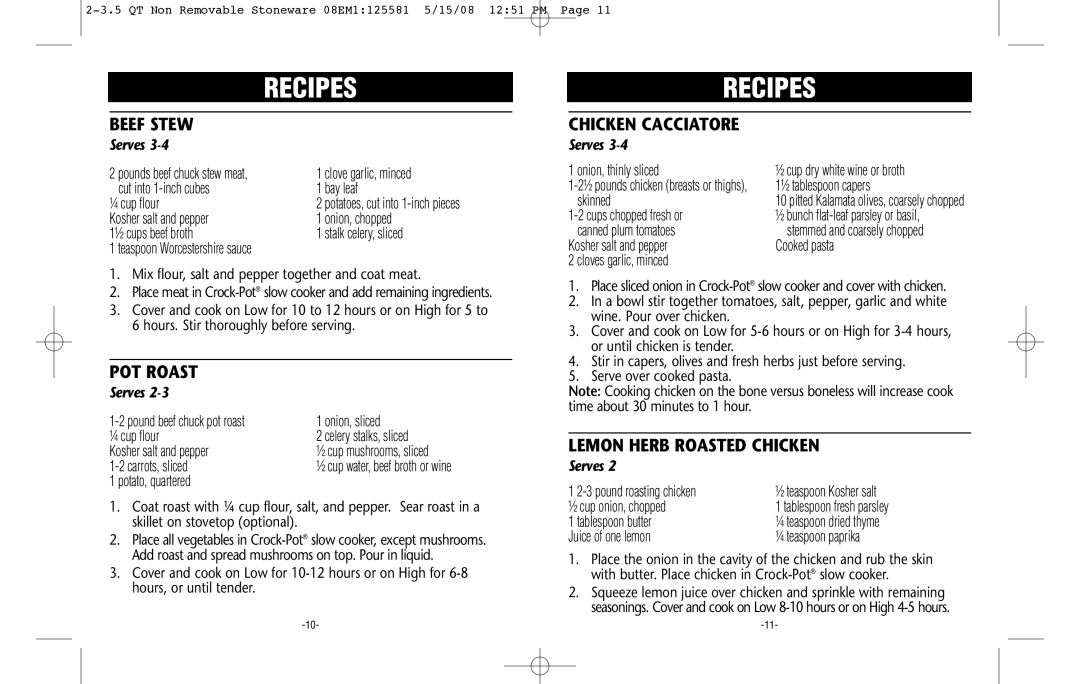 Crock-Pot Classic 2-3.5 Quart warranty Beef Stew, POT Roast, Lemon Herb Roasted Chicken, Skillet on stovetop optional 