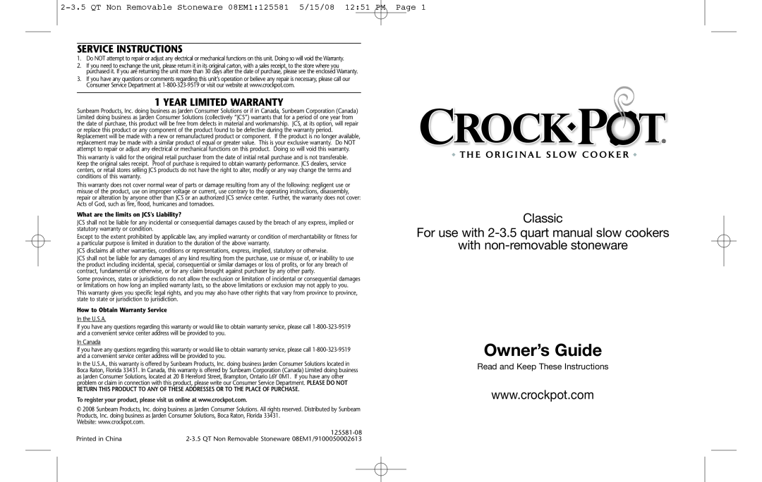 Crock-Pot Classic 2-3.5 Quart warranty Service Instructions, Year Limited Warranty, Owner’s Guide 