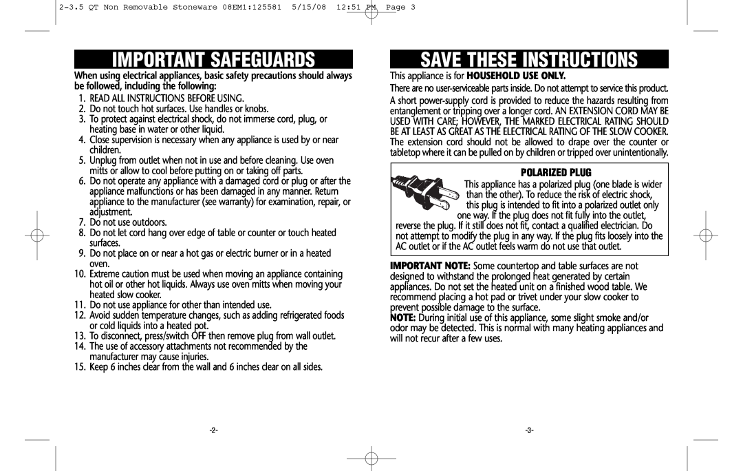 Crock-Pot Classic 2-3.5 Quart warranty Important Safeguards, Save These Instructions, Polarized Plug 