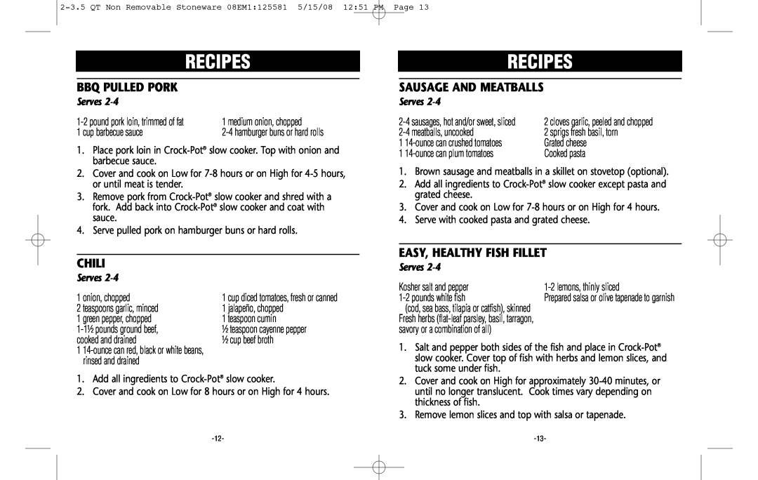 Crock-Pot Classic 2-3.5 Quart Bbq Pulled Pork, Chili, Sausage And Meatballs, Easy, Healthy Fish Fillet, Recipes, Serves 
