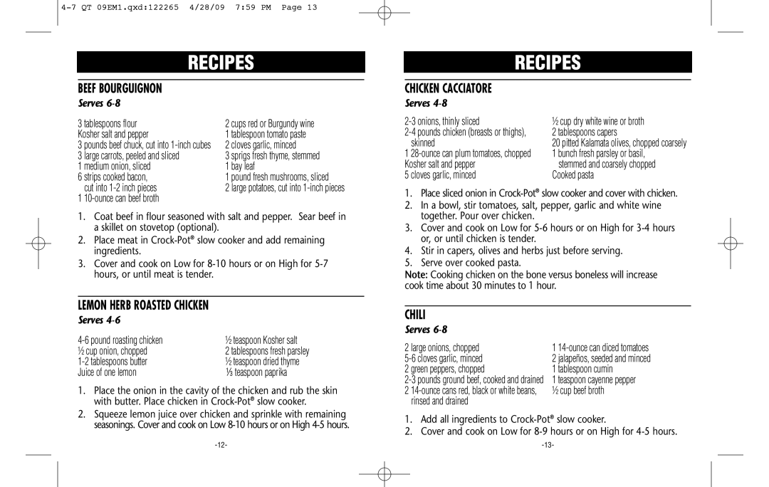 Crock-Pot Classic 4-7 Quart warranty Beef Bourguignon, Lemon Herb Roasted Chicken, Chili, Chicken Cacciatore 