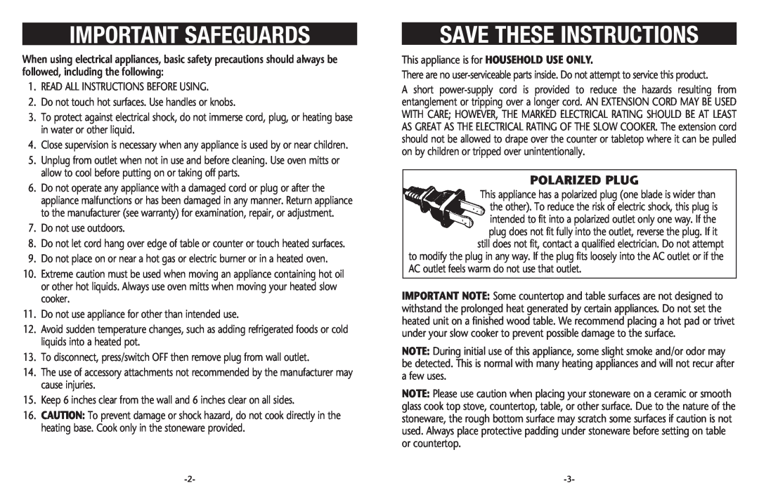 Crock-Pot Classic 8 Quart warranty Important Safeguards, Polarized Plug, Save These Instructions 