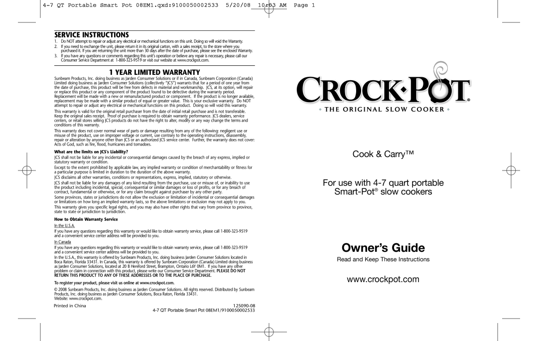 Crock-Pot Cook & Carry 4-7 Quart warranty Service Instructions, Year Limited Warranty, Owner’s Guide 