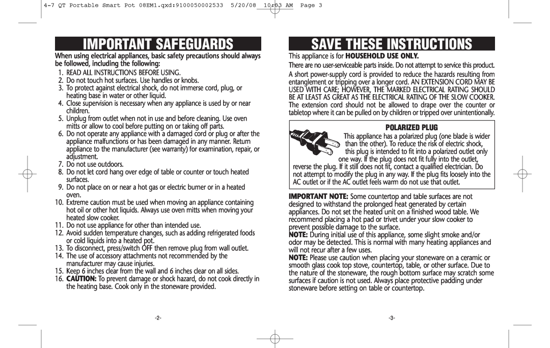 Crock-Pot Cook & Carry 4-7 Quart warranty Polarized Plug, Important Safeguards, Save These Instructions 