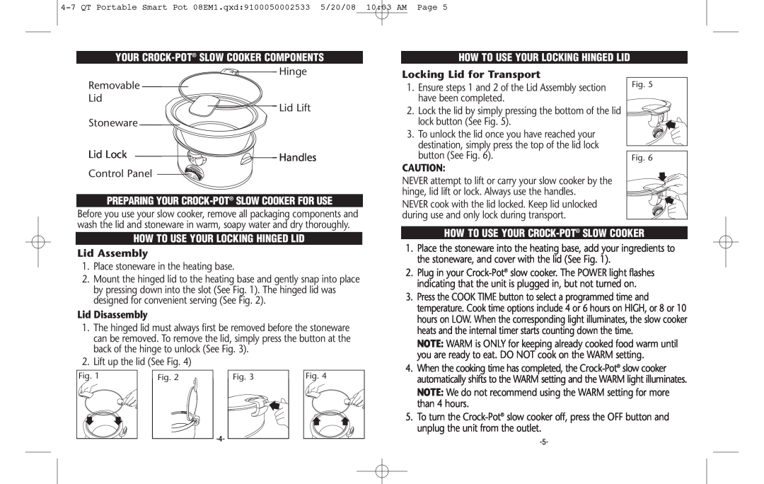 Crock-Pot Cook & Carry 4-7 Quart Your Crock-Pot Slow Cooker Components, Lid Lock, Handles, Control Panel, Lid Assembly 