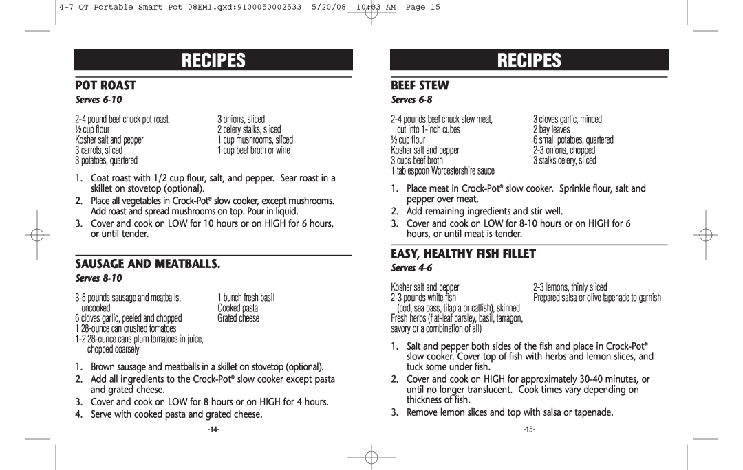 Crock-Pot Cook & Carry 4-7 Quart Pot Roast, Sausage And Meatballs, Beef Stew, Easy, Healthy Fish Fillet, Recipes, Serves 