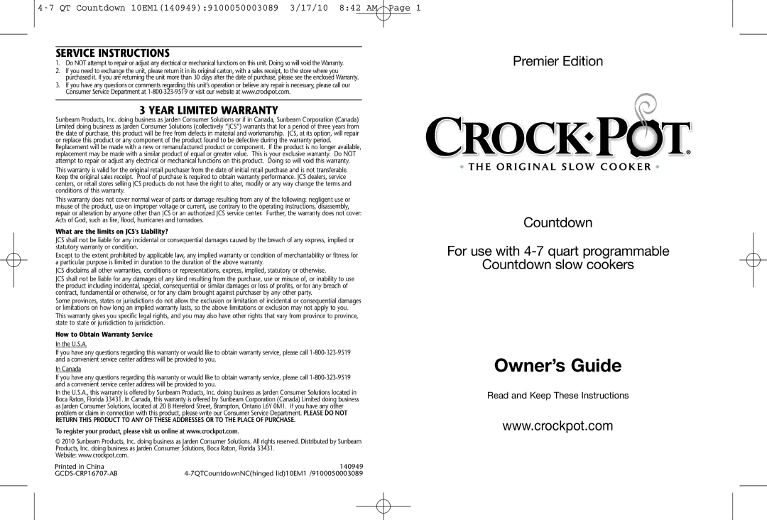 Crock-Pot Countdownn 4-7 Quart warranty Service Instructions, Year Limited Warranty 