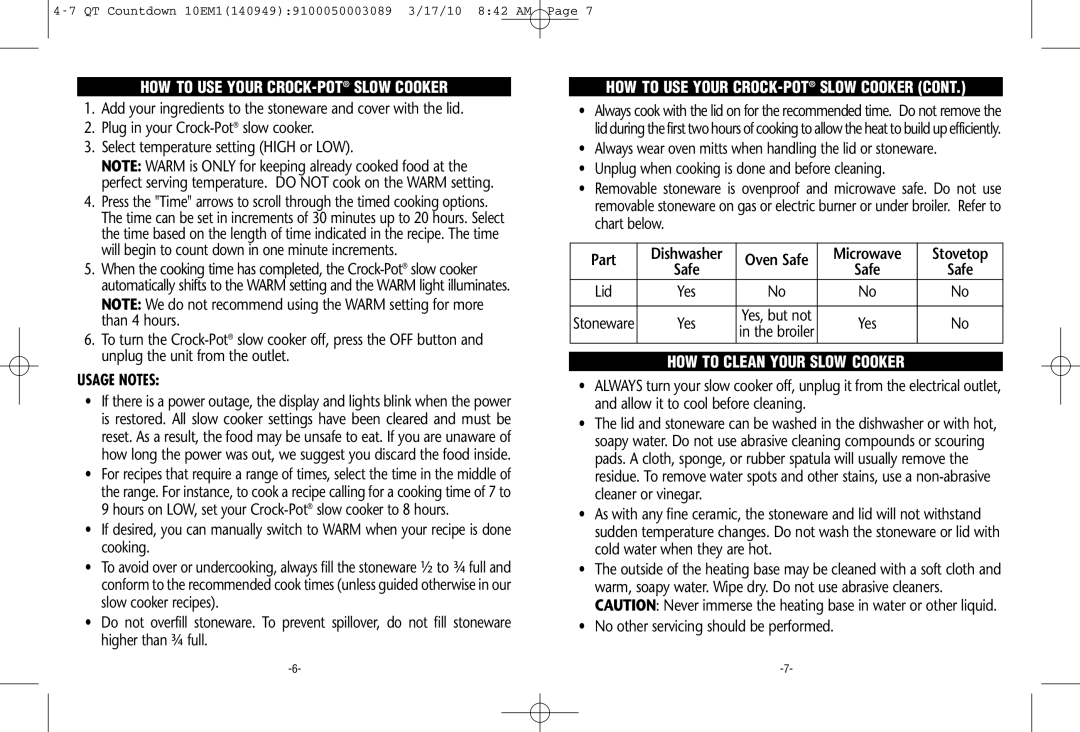 Crock-Pot Countdownn 4-7 Quart warranty HOW to USE Your CROCK-POTSLOW Cooker, Usage Notes, HOW to Clean Your Slow Cooker 