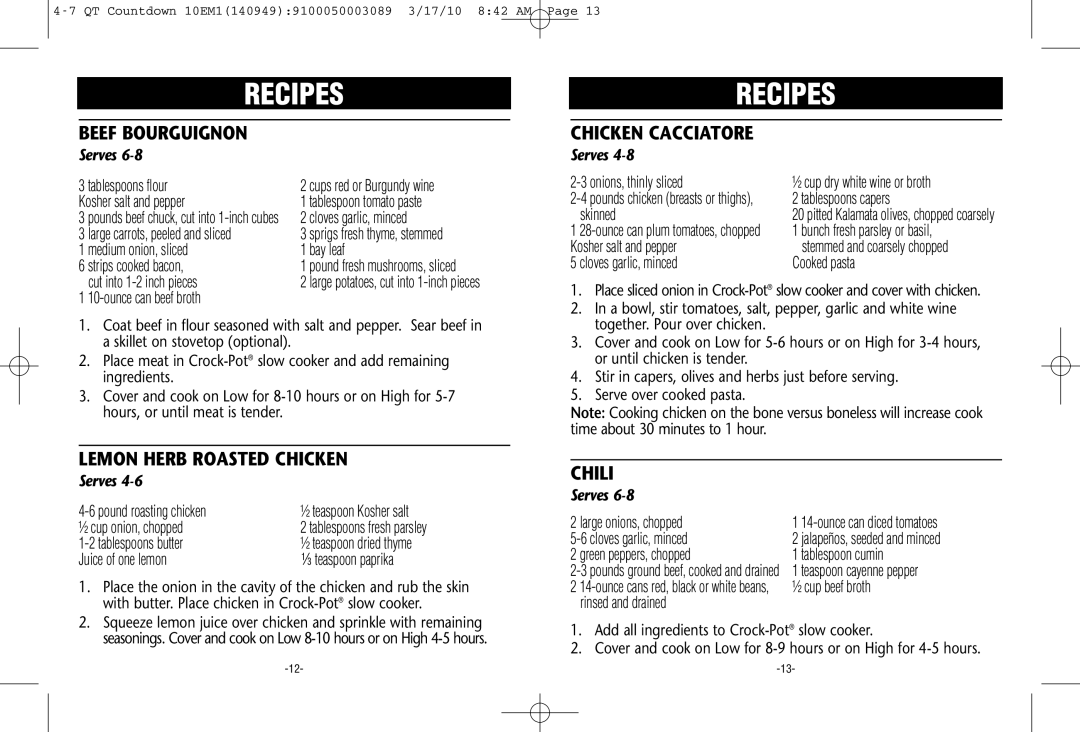 Crock-Pot Countdownn 4-7 Quart warranty Beef Bourguignon, Chicken Cacciatore, Lemon Herb Roasted Chicken, Chili 