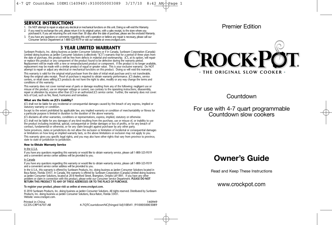 Crock-Pot Countdownn 4-7 Quart warranty Service Instructions, Year Limited Warranty, Owner’s Guide, Countdown slow cookers 