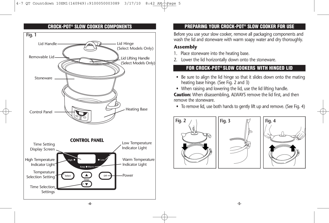 Crock-Pot Countdownn 4-7 Quart Crock-Pot Slow Cooker Components, Preparing Your Crock-Pot Slow Cooker For Use, Assembly 