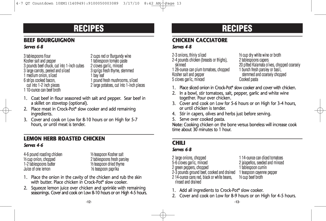 Crock-Pot Countdownn 4-7 Quart Beef Bourguignon, Chicken Cacciatore, Lemon Herb Roasted Chicken, Chili, Recipes, Serves 