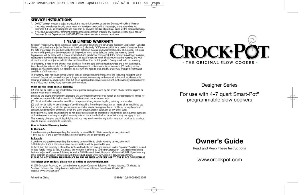 Crock-Pot Designer Series 4-7 Quart warranty Service Instructions, Year Limited Warranty 