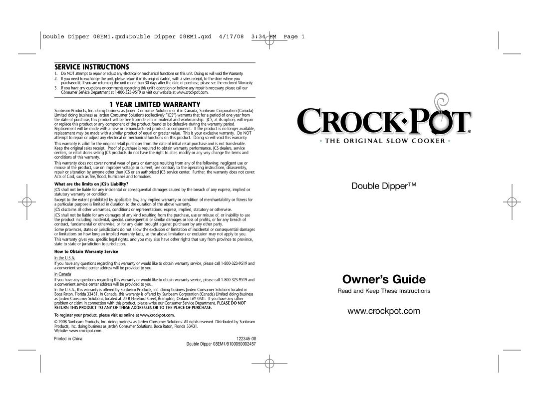 Crock-Pot Double Dipper warranty Service Instructions, Year Limited Warranty 