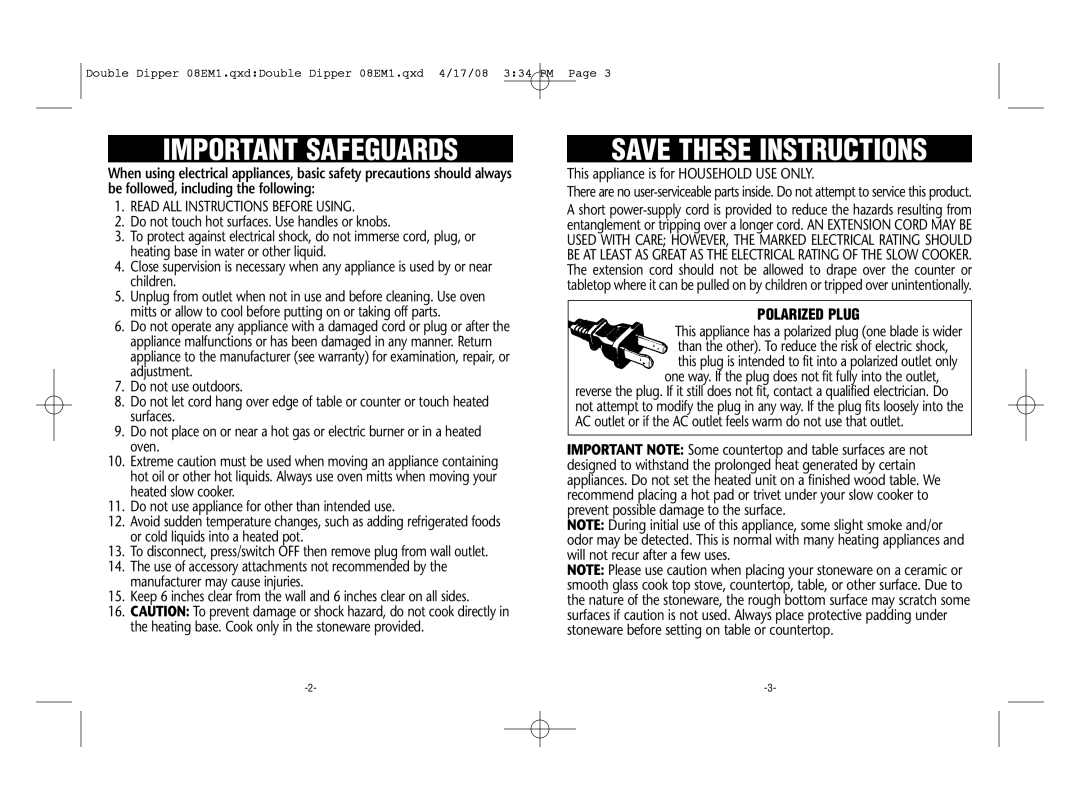 Crock-Pot Double Dipper warranty Important Safeguards, Polarized Plug 